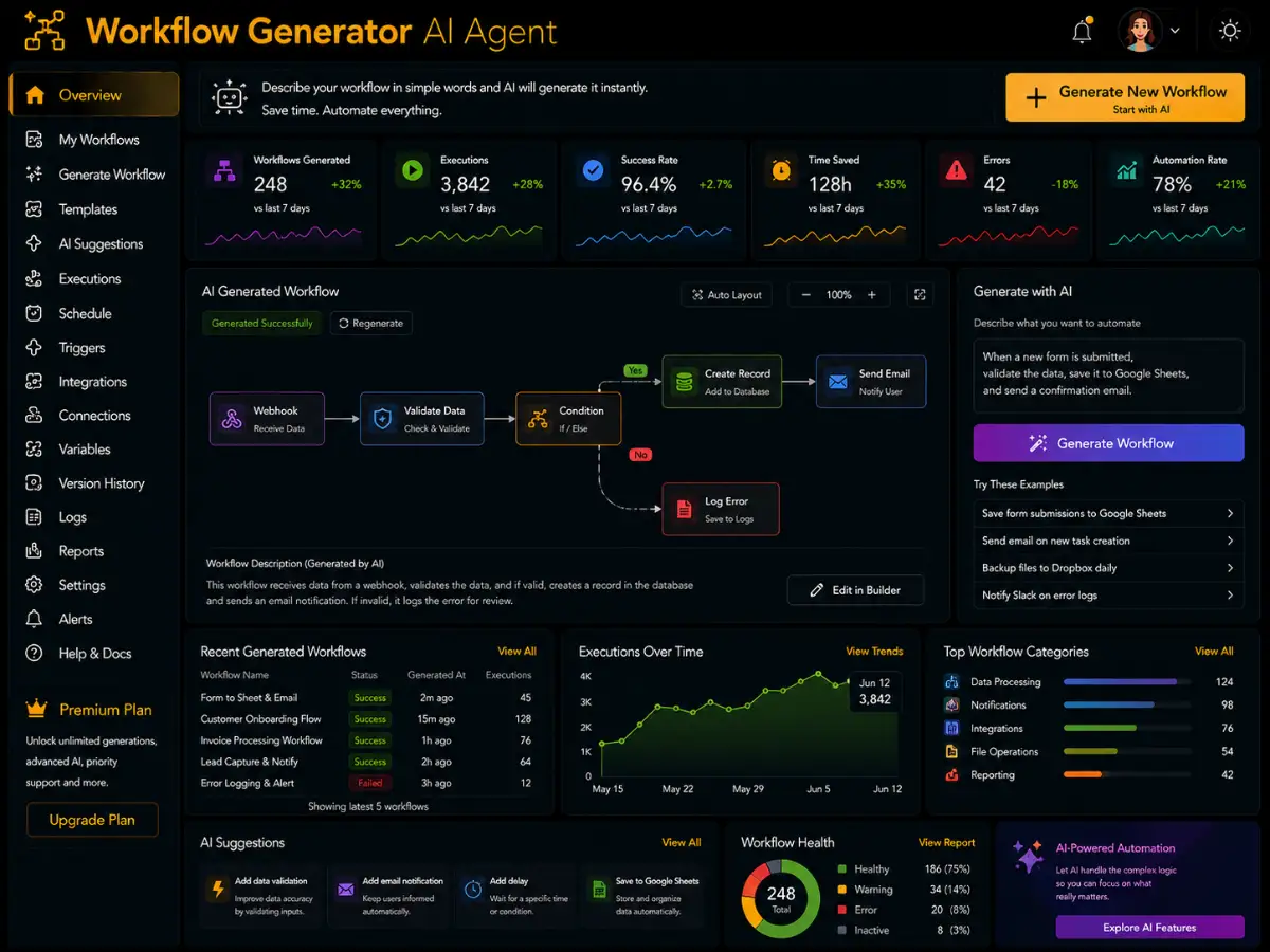 workflowgenerator.app Workflow Generator AI agent app — automation dashboard preview